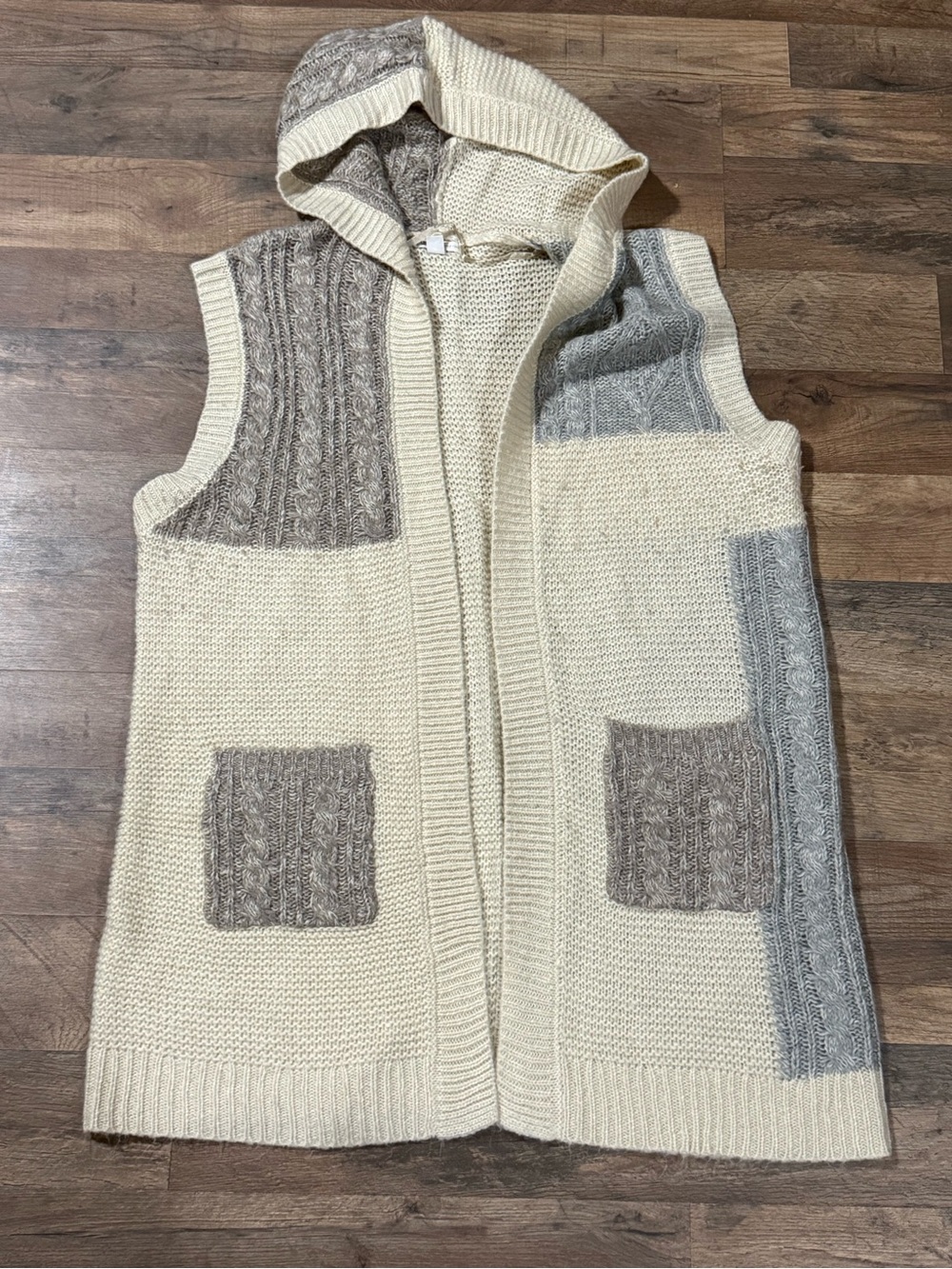 Hooded Sleeveless Knit Cardigan Vest in Cream and Taupe